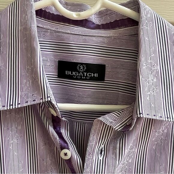 BUGATCHI MEN SHAPED FIT DRESS SHIRT SIZE XL purple and white - Picture 3 of 13